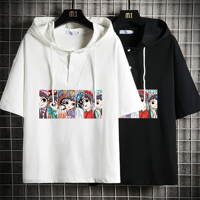 LD54250-P45京剧脸谱风连帽短袖t恤男大码胖子带帽五分袖网格,男装T恤,电商A040A