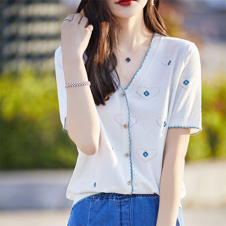 刺绣天丝针织衫短袖V领T恤女夏季宽松显瘦薄款莱赛尔洋气开衫上衣，女装T恤，优麦羊绒（原洪叶羊绒）