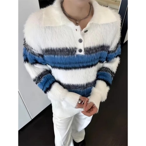 韩版水貂绒毛衣男冬季高级慵懒风设计款马海毛扎染撞色针织polo衫图片