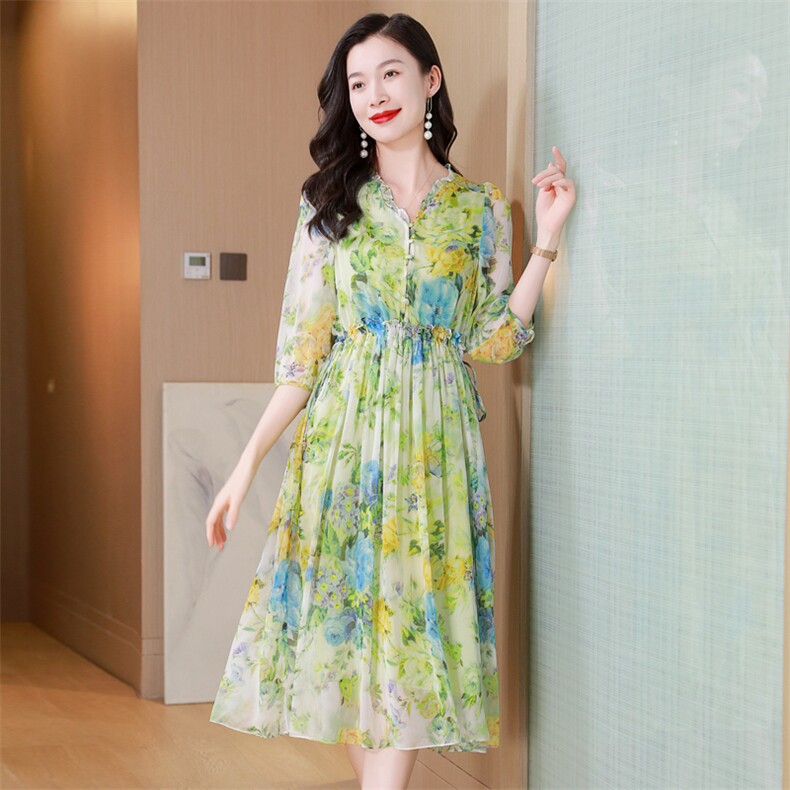 真丝连衣裙2025夏季新款大码女装衣服桑蚕丝高端精致气质碎花裙子，女装连衣裙，阿舍尔精品