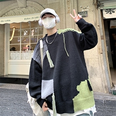 现货秋冬季慵懒针织衫oversize上衣破坏感拼色毛衣男M924-P50，男装针织衫/毛衣，星座512-2
