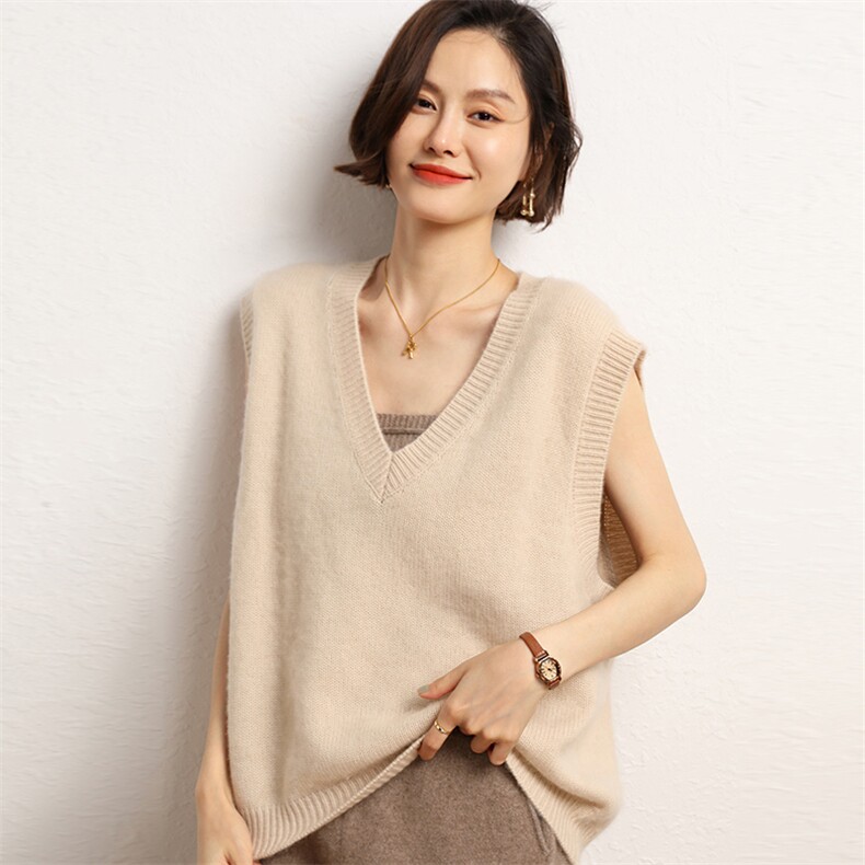 无袖针织衫女春秋新款时尚V领显瘦背心外搭叠马甲,女装马甲,五色羊羊绒