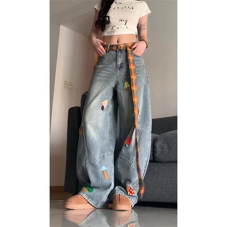 美式高街复古立体刺绣配腰带阔腿牛仔裤男女显瘦直筒弯刀拖地裤潮,男装牛仔裤,电商A486
