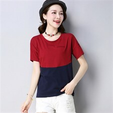 韩版简约舒适2021年春季宽松T恤拼接圆领修身显瘦潮流，女装T恤，丽影随形