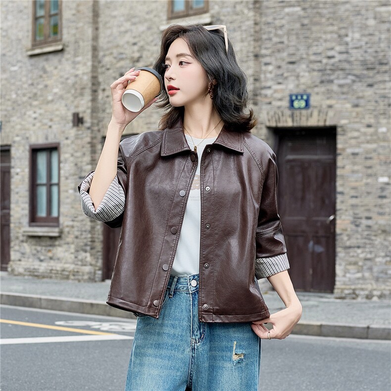 小个子韩系休闲皮衣外套女2025春秋新款时尚百搭显瘦长袖夹克上衣,女装皮衣,英标秀（1C119）