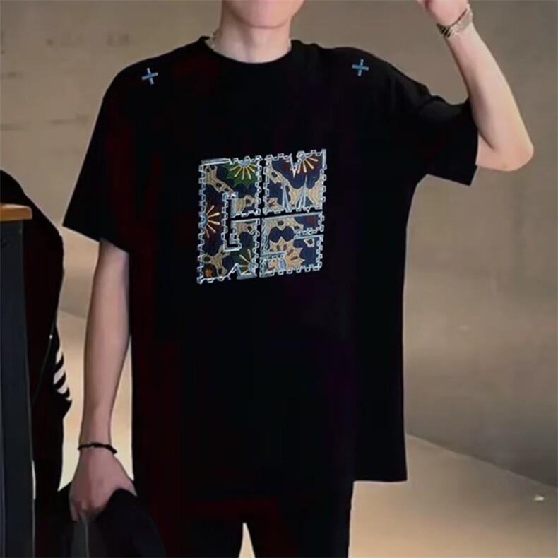 美式复古纯棉T恤短袖男款夏季ins创意刺绣个性高街黑色半袖上衣,男装T恤,星座1210-1