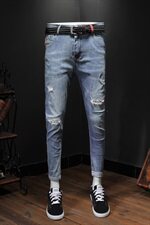2021夏季薄款弹力破洞牛仔裤男潮牌修身小脚裤QT6027-Z01，男装牛仔裤，电商D218