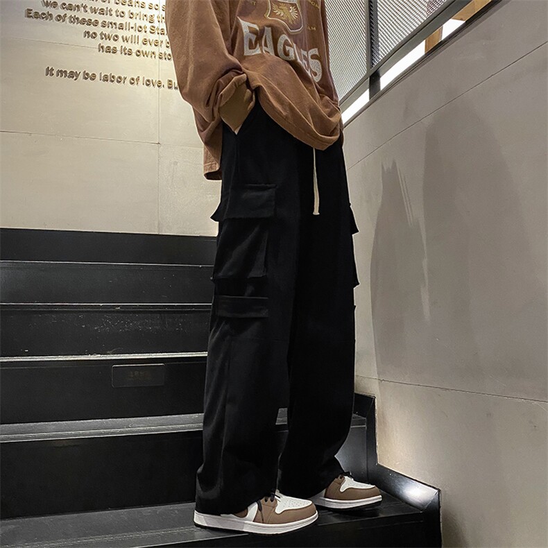 日系黑色工装裤男秋冬潮牌直筒9分裤运动长裤阔腿休闲裤子~X0711,男装休闲裤,星座601-2
