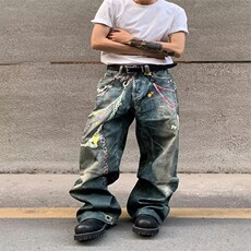 小众设计糖果链条印花蓝色牛仔裤男款水洗做旧潮流宽松直筒休闲裤，男装牛仔裤，星座218-8