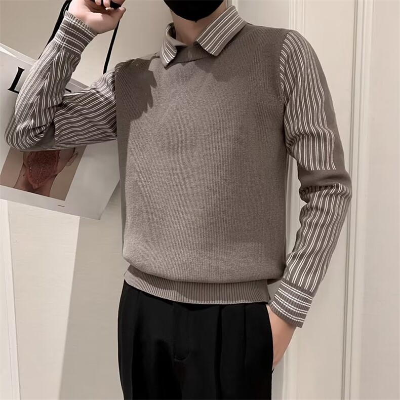 假两件条纹翻领毛衣男韩系秋冬高级感内搭打底修身衬衫针织衫S552,男装针织衫/毛衣,星座1116A-2（原606A-1）