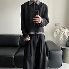 W6514-P66美式复古短款垫肩小香风夹克ing撞色拼接翻领外套，男装夹克，电商B323A