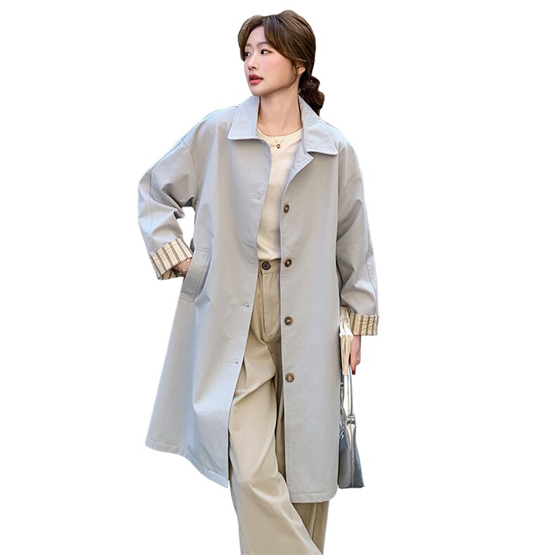 蓝色简约风衣外套女2025春季新款韩系英伦风中长款休闲大衣小个子,女装风衣,浙宝192（原082）