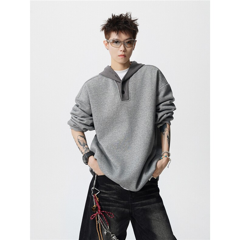 秋冬毛线廓形拼接男女同款落肩连帽卫衣WY9113/P65,男装卫衣,电商B238