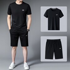 中年男士夏季休闲短袖套装2023年新款冰丝透气t恤短裤两件套男装，男装休闲套装，电商B212（原钱塘6029）