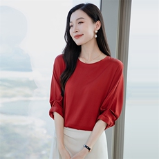 真丝上衣女中袖丝绸真丝t恤衫五分袖圆领妈妈宽松大码短袖小衫，女装衬衫，阿舍尔精品