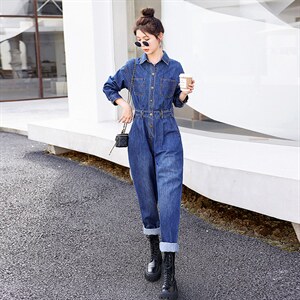 时尚显瘦牛仔连体裤女宽松高腰长袖工装裤，女装连体裤，秋水欣儿