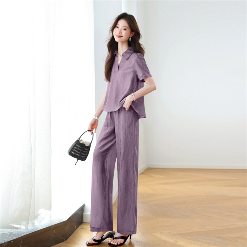 时尚通勤V领阔腿裤两件套女2025年夏季新款气质显瘦减龄休闲套装,女装大码女装,梦依杭