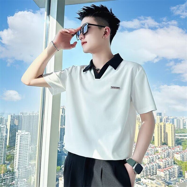 韩版翻领POLO衫男短袖2025新款修身V领痞帅半袖上衣服休闲男装潮,男装Polo衫,星座506A