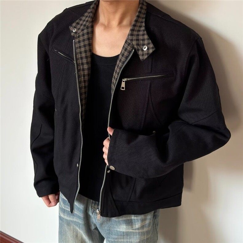 春秋季千鸟格拼接新款哈灵顿夹克男美式复古工装老钱风上衣外套,男装夹克,星座506A