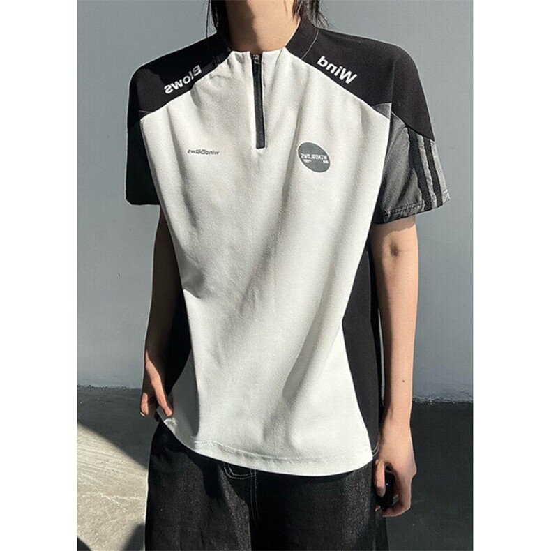 无领半拉链垫肩短袖男款撞色球衣风T恤痞帅polo衫五分袖TG133，男装Polo衫，星座1116A（原606A-3）