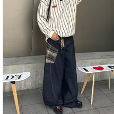 格子拼接弯刀牛仔裤男潮牌痞帅美式复古baggy裤子直筒宽松萝卜裤，男装牛仔裤，星座506A