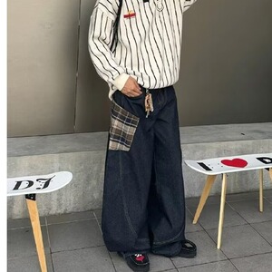 格子拼接弯刀牛仔裤男潮牌痞帅美式复古baggy裤子直筒宽松萝卜裤图片