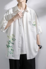 XT4168-TP4058冰丝衬衫夏季中式水墨竹印花青少年垂感衬衣，男装衬衫，电商A102