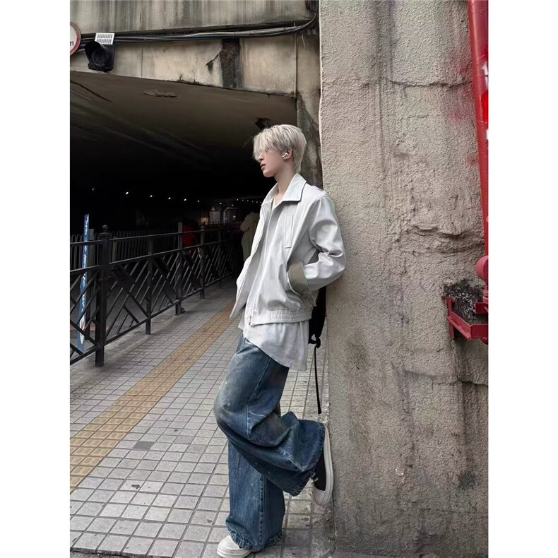 878-P65潮流米灰色空气层飞边解构KI味质感休闲夹克短宽外套,男装夹克,电商B323A