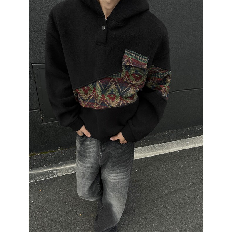 WY10096-P55摇粒绒撞色拼接保暖连帽小众卫衣,男装棉衣,电商A059