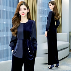 金丝绒职业套装女高级感2023春秋新款时尚气质女神范阔腿裤两件套，女装套装/套裙，依路服饰