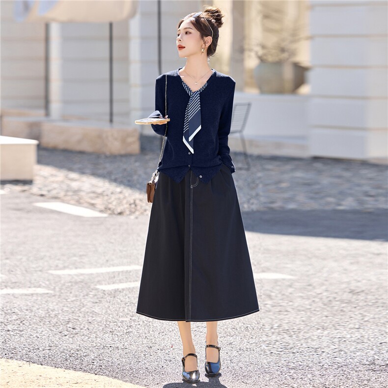韩系慵懒松弛感针织开衫丝巾领吊带裙套装2025新女秋牛仔裙两件套,女装套装/套裙,意芙