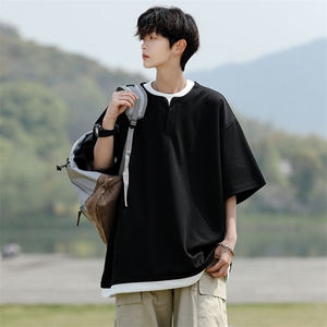 8XL-M重磅斜纹假两件短袖t恤男夏季薄款宽松大码半袖体恤DT006P45图片