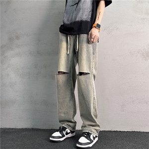 k1020-p55-控78 M-5XL 抖音美式高阶黑暗破洞拉链宽松大码牛仔裤图片