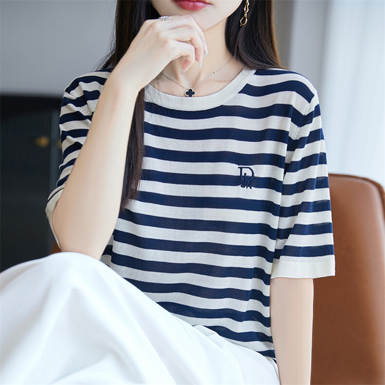 夏季新款100%莱赛尔天丝针织短袖女V领条纹拼色上衣打底宽松半袖,针织衫/毛衣,郡淞羊绒