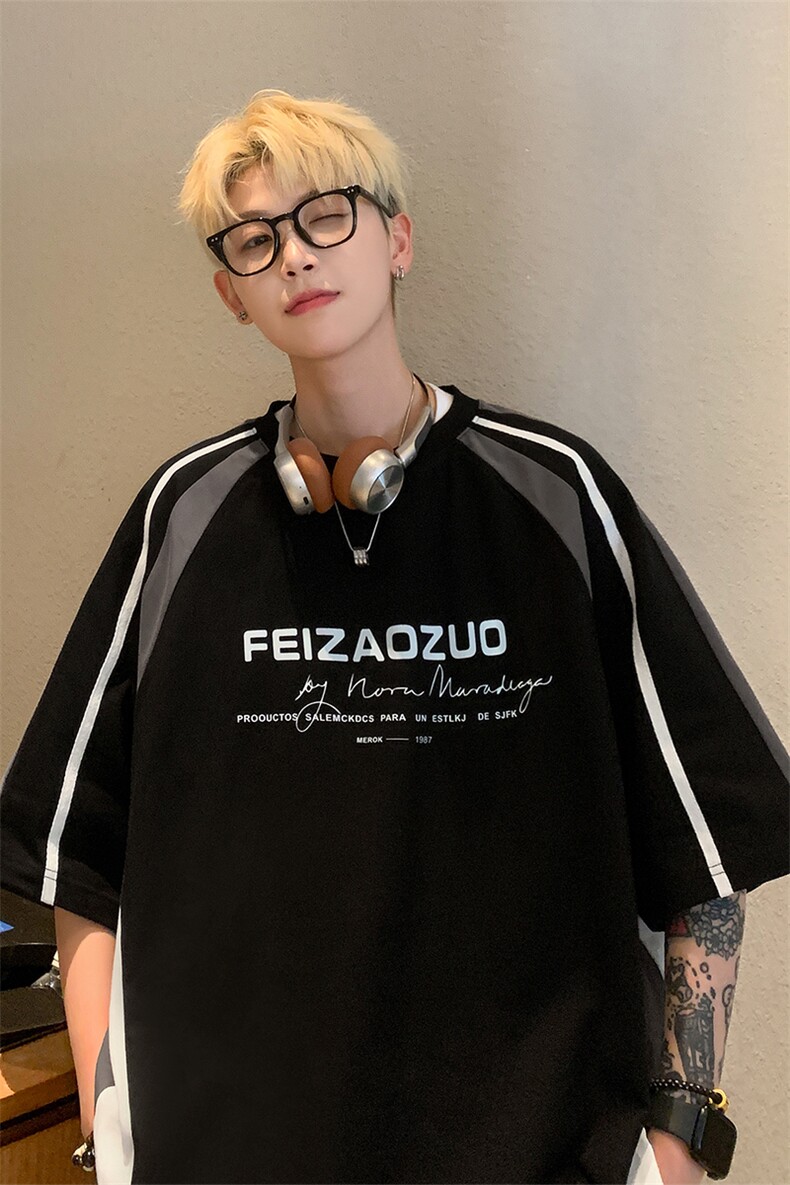 X5532-TP35控价58夏季字母印花圆领五分袖T恤拼接潮牌上衣,男装T恤,电商A102-1