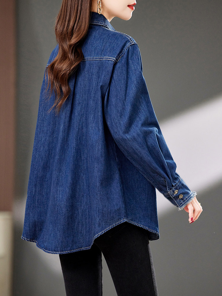 翻领单排扣牛仔衬衫外套女宽松2025中年妈妈百搭叠穿小个子衬衣潮,女装衬衫,浙宝2-166