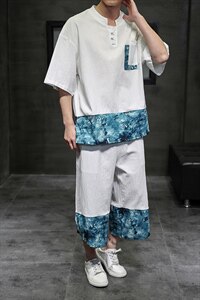2021夏新拼接亚麻休闲大码boy口袋装饰黑洞风短袖套装TZ003-P70图片