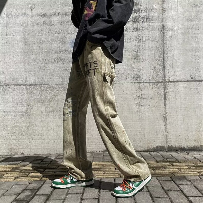 美式复古刺绣字母泼墨牛仔裤男高街vibe宽松直筒阔腿裤N6024-P49,男装牛仔裤,星座1008-1