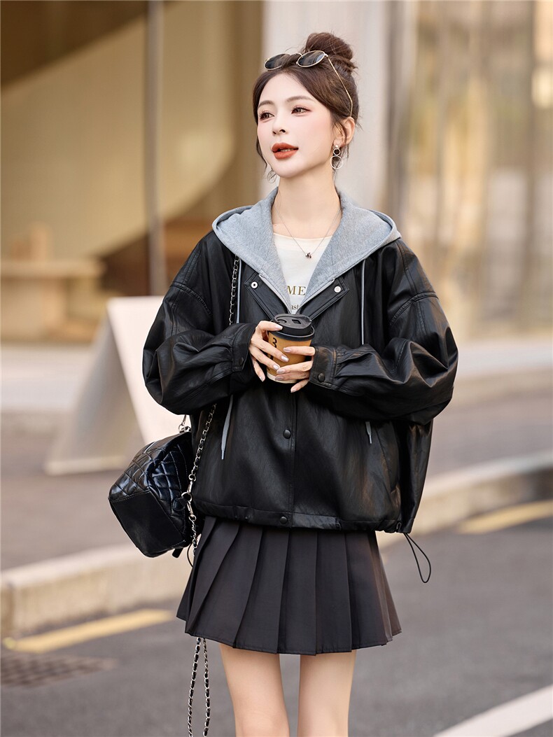 假两件套PU皮连帽短外套女秋季2025新款小个子宽松休闲复古皮夹克,女装皮衣,牡丹诺