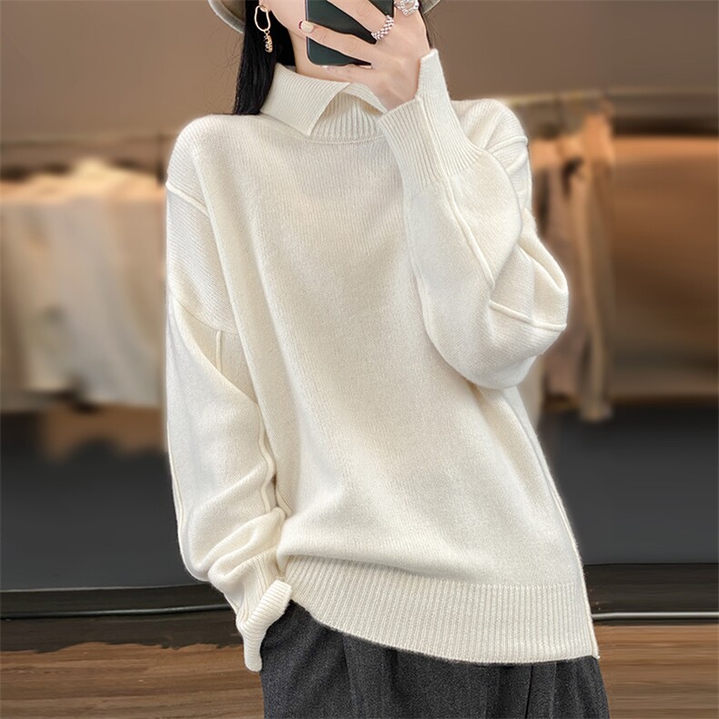 25秋冬羊毛长袖针织衫女翻领套头加厚毛衣纯色打底衫，女装羊毛衫，奢优羊绒