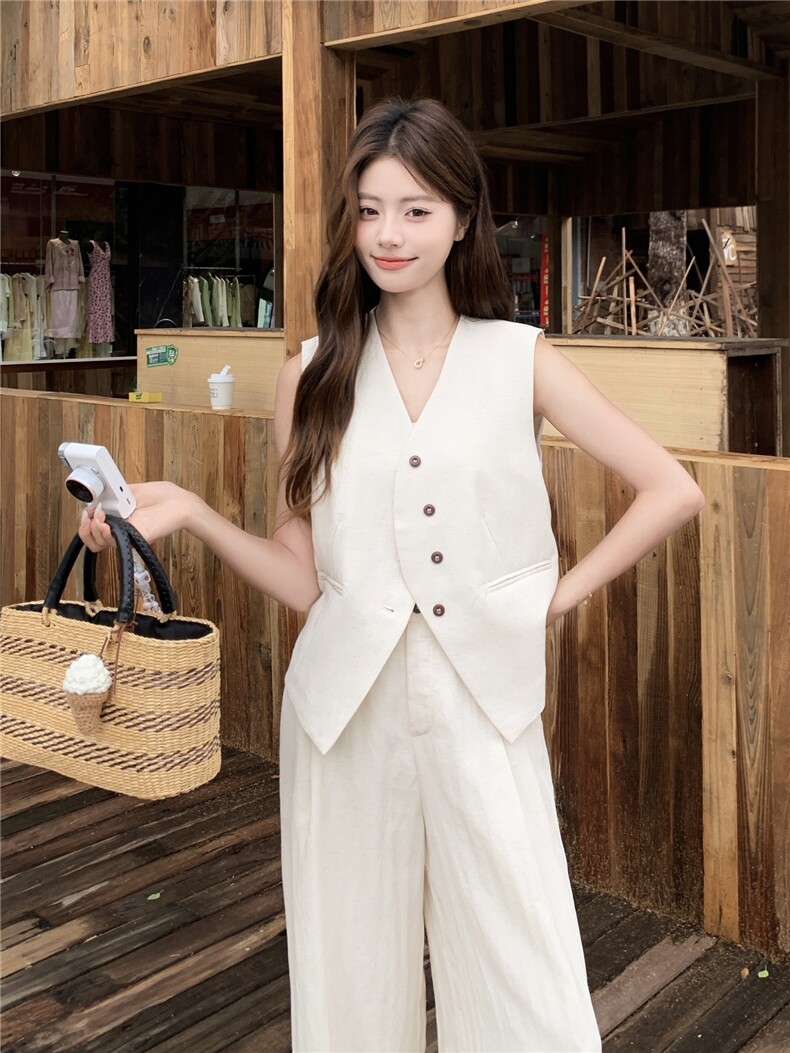 老钱风亚麻西装马甲阔腿两件套女2026新款夏季薄款透气高级感套装,女装套装/套裙,艾米莉亚