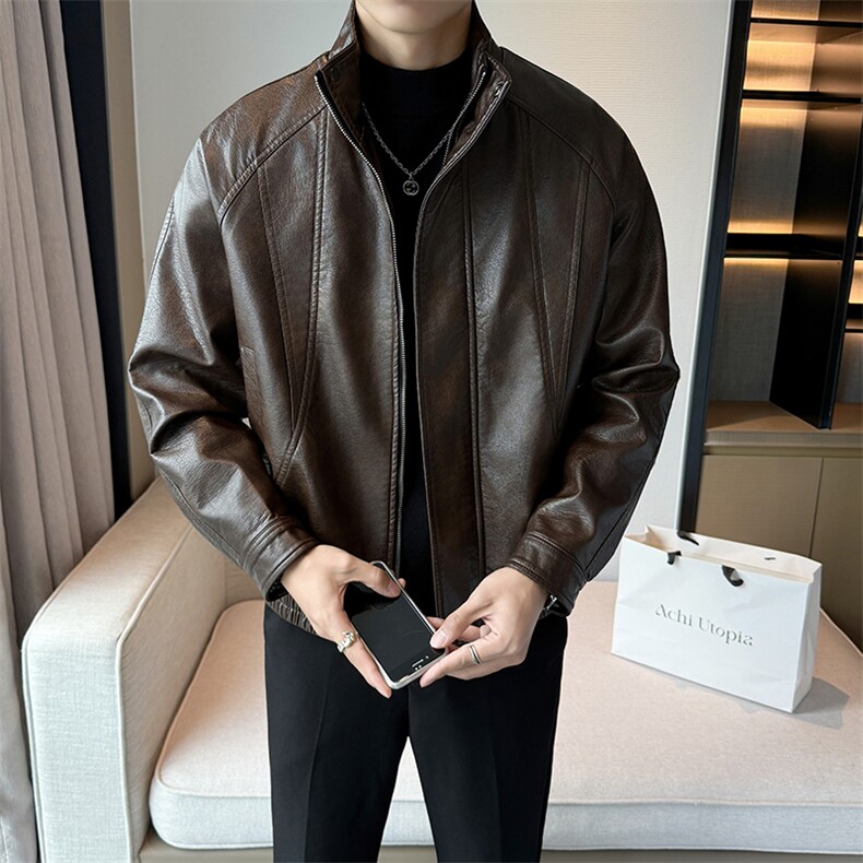 加绒皮衣新款老钱风男士加绒皮衣翻领高品质短款风衣PY71-120,男装风衣,电商B278