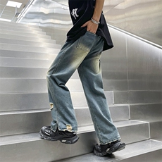 美式高街牛仔裤男韩版潮流染黄泥破洞2023夏季ins长裤RK617-P45，男装牛仔裤，星座412-3