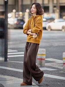 蓝色加绒连帽卫衣女2025冬季新款加厚两件套装宽松直筒卫裤撞色图片