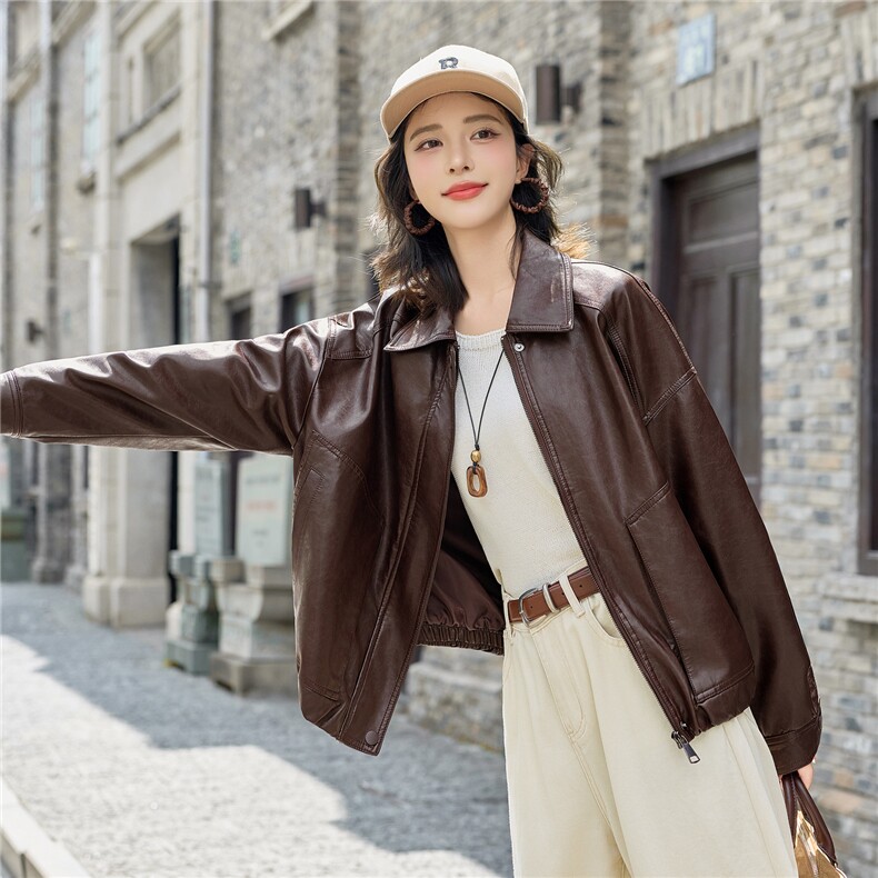 时尚翻领宽松pu皮衣外套女2025秋新款显瘦百搭休闲超好看夹克上衣,女装皮衣,英标秀（1C119）