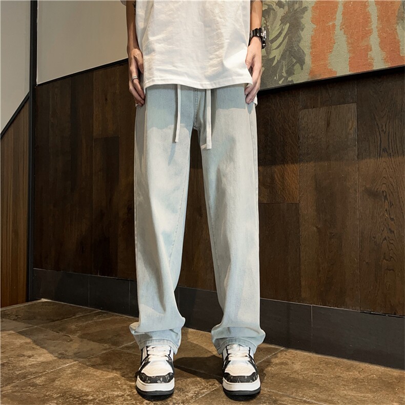 美式黄泥牛仔裤男夏季薄款抽绳松紧宽松水洗直筒长裤子N01661-P39,男装牛仔裤,星座308B-2