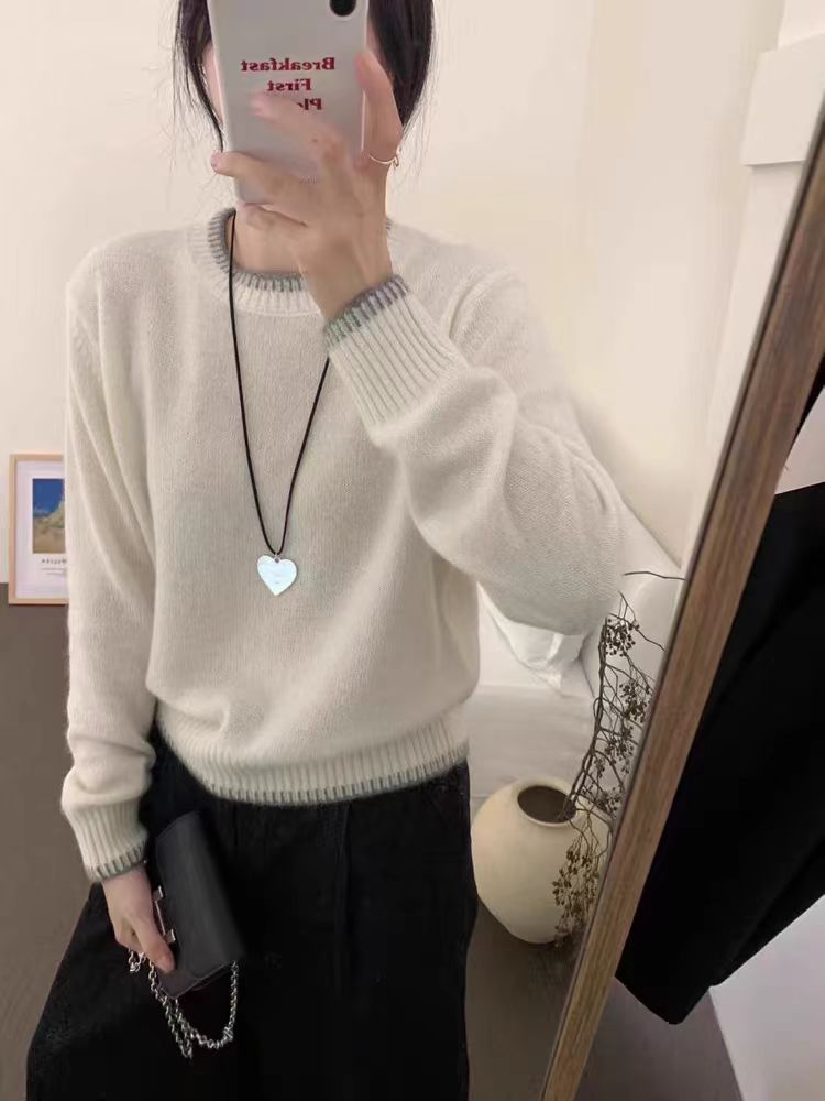 圆领毛衣女内搭简约气质长袖短款针织打底衫,女装羊毛衫,冀清阳荣