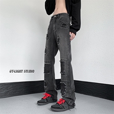 B221美式ins高街暗黑小众修身微喇破洞牛仔裤LK23055-P65控88，男装牛仔裤，电商B221