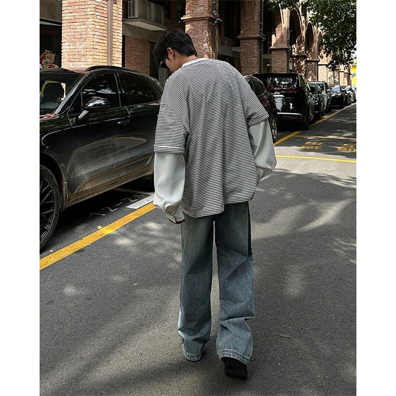 高级感新款男装假两件时尚ins氛围感条纹长袖T恤圆领男女WE12/P48,男装T恤,星座506