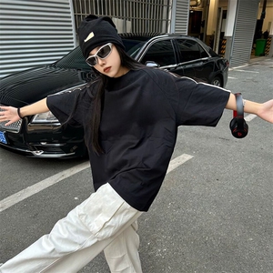 抖音得物高品质二开240克宽松纯棉美式潮牌三条杠织带短袖T恤图片